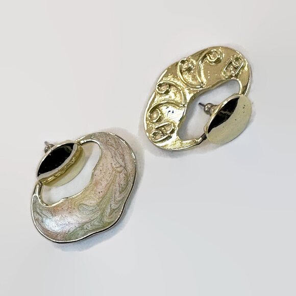 Enameled Earrings, 1980s, 80s, Reversible, Gold Tone, Pierced, Vintage Earrings, - Picture 3 of 4